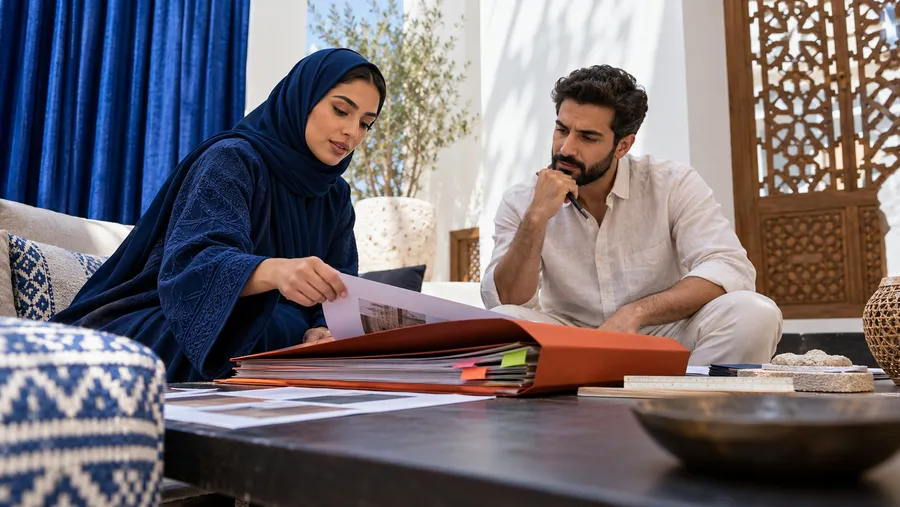 Generated scene of a Bahraini finance lead and editor reviewing a project-scope envelope