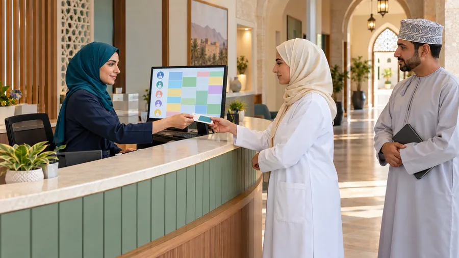 Generated Muscat clinic team reviewing appointment and record workflow handover in the Sultanate of Oman