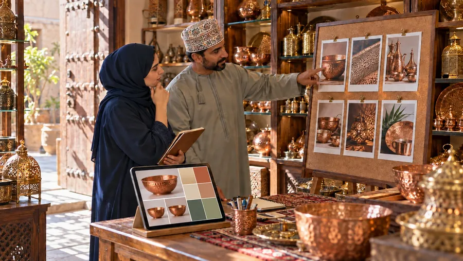 Generated Muscat copperware shop proprietor and colleague reviewing product marketing materials in the Sultanate of Oman