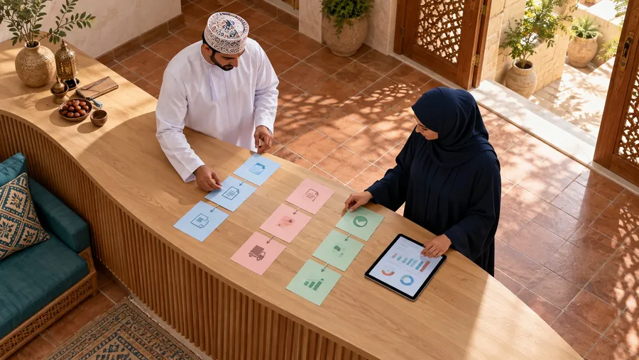 Generated Omani professionals assessing invoicing workflow routes in a Sohar business setting