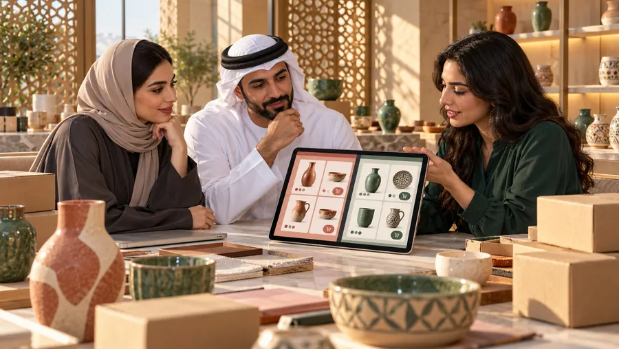 Generated Emirati merchant and design team reviewing fictional Arabic and English commerce grids in an Abu Dhabi showroom