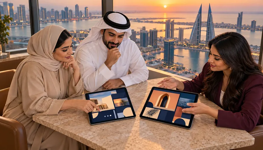 Generated Bahraini business team comparing fictional bilingual website designs against the Manama skyline