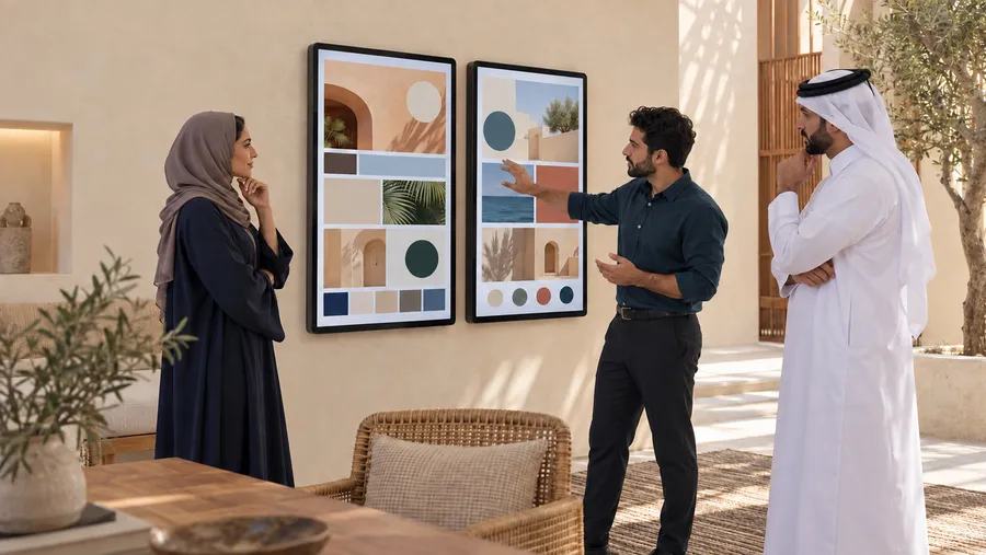 Generated Qatari business team reviewing fictional Arabic and English website layouts in a Doha studio