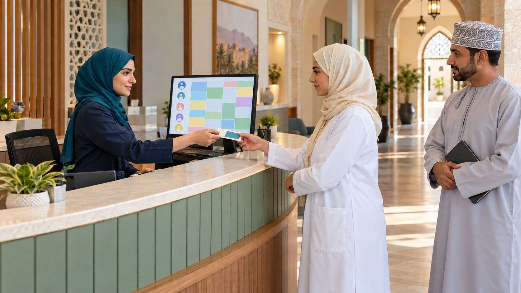 Generated Muscat clinic team reviewing appointment and record workflow handover in the Sultanate of Oman
