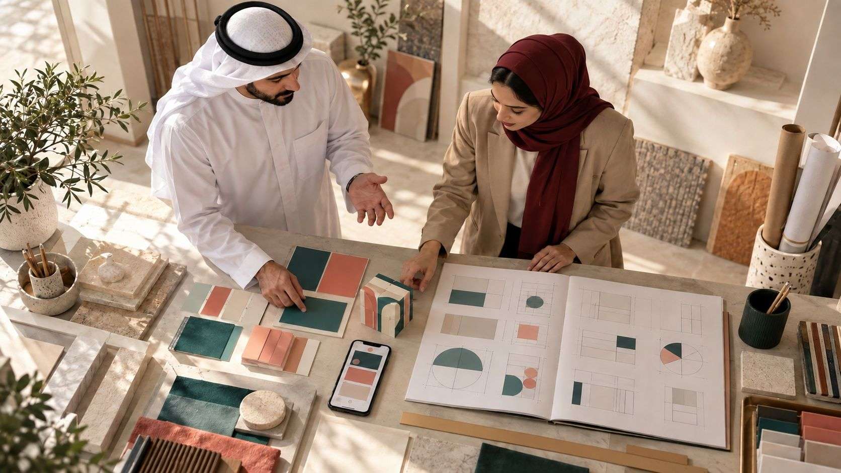 Generated Manama design-studio scope review using samples, colour cards and a conceptual visual-identity guide
