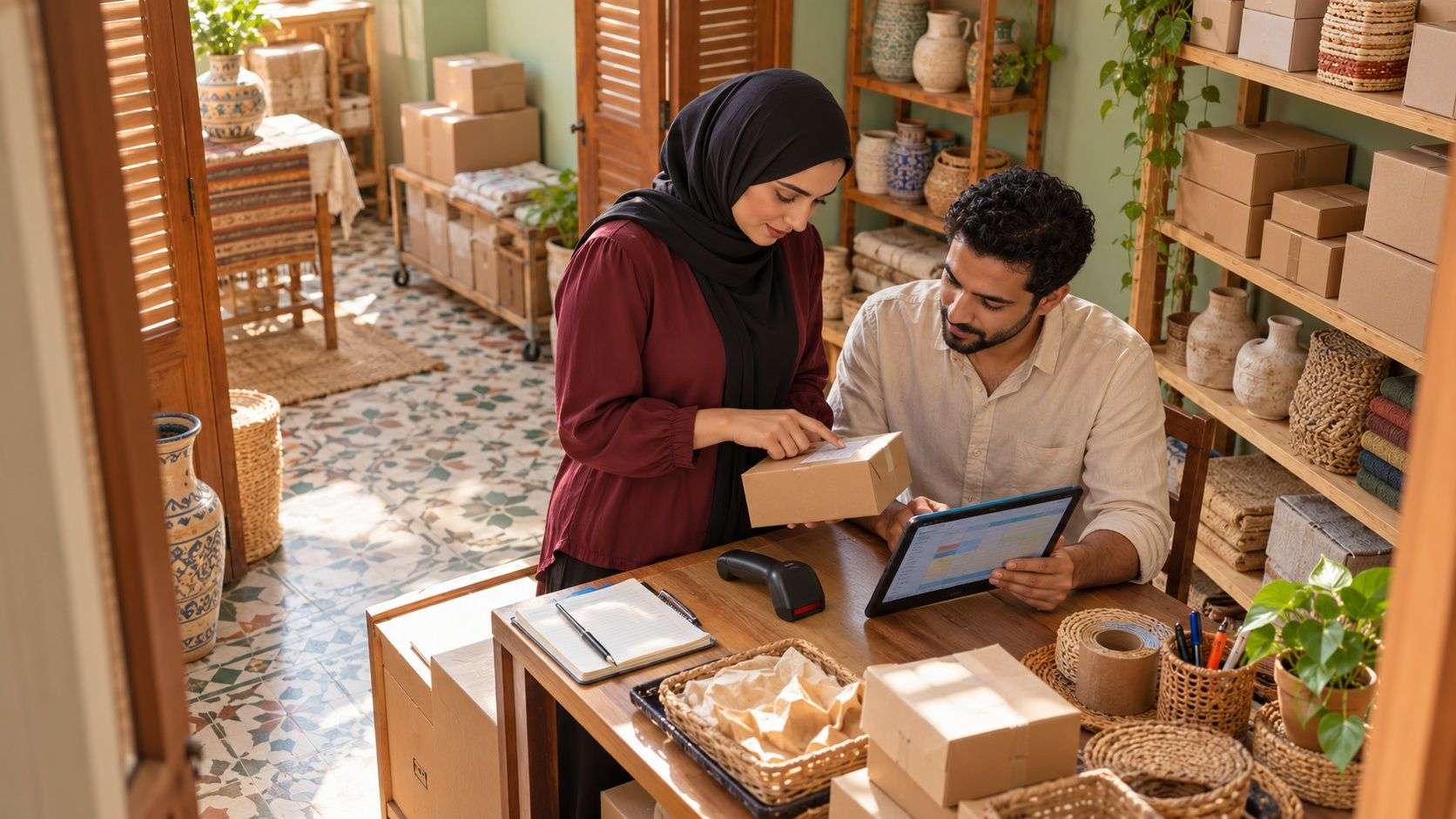 Generated Egyptian store owner and bookkeeper reviewing item data in a Cairo fulfilment room