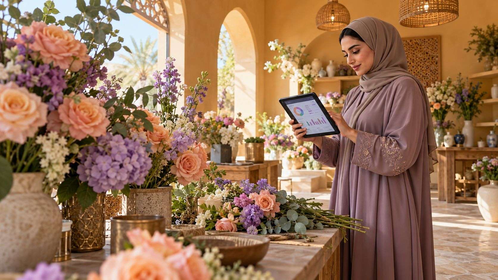Generated Saudi florist reviewing a campaign budget on a tablet in a Jeddah flower shop