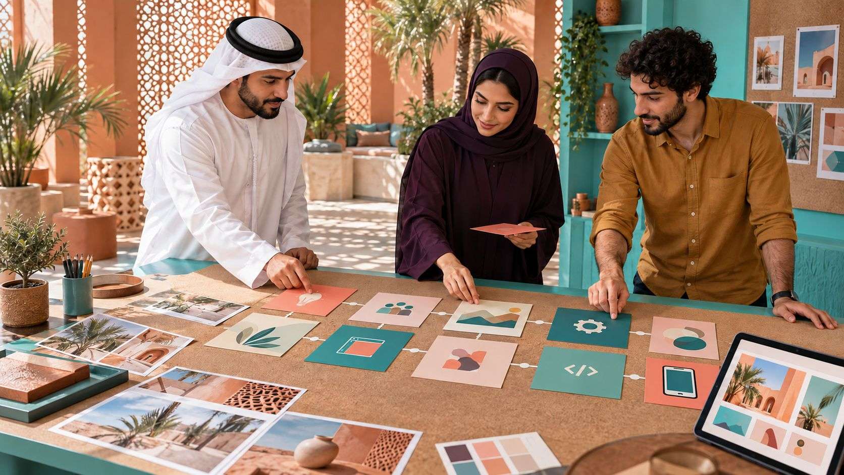 Generated Gulf company team arranging website creation stages and content before development