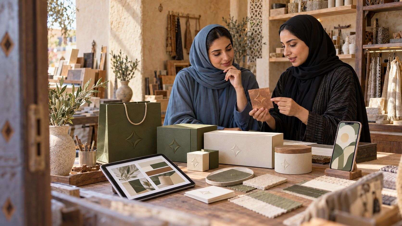 Generated Sharjah business owner and designer comparing a single original emblem with coordinated identity materials
