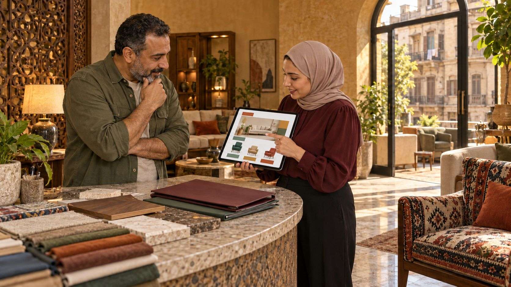 Generated Cairo furniture showroom reviewing website scope and proposal folders using a fictional layout