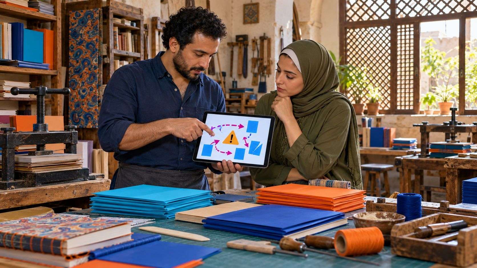 Generated Cairo bookbinding workshop owner and adviser reviewing a conceptual website incident warning