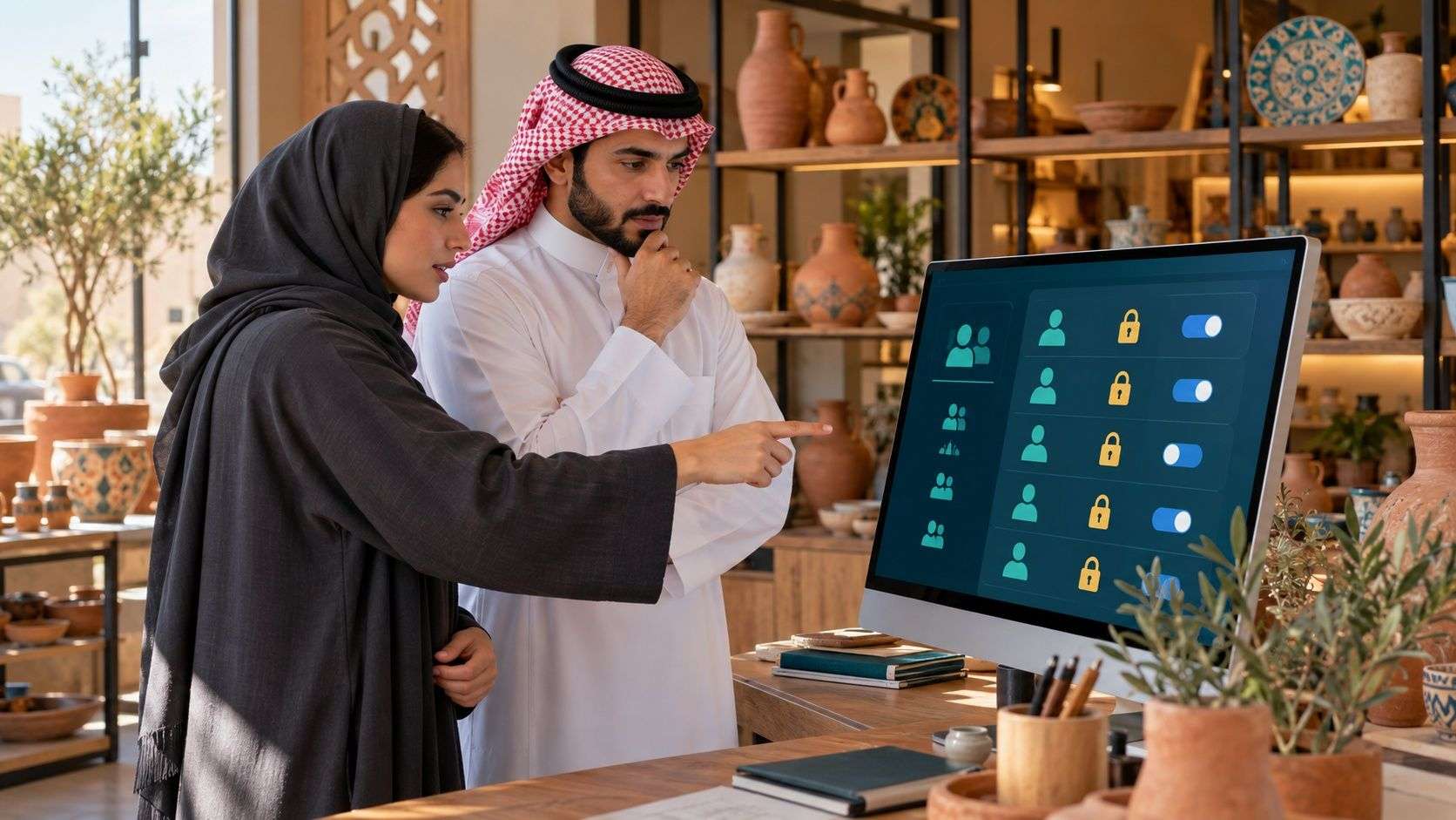 Generated Saudi business owner and adviser reviewing conceptual website access controls in a Riyadh ceramics showroom