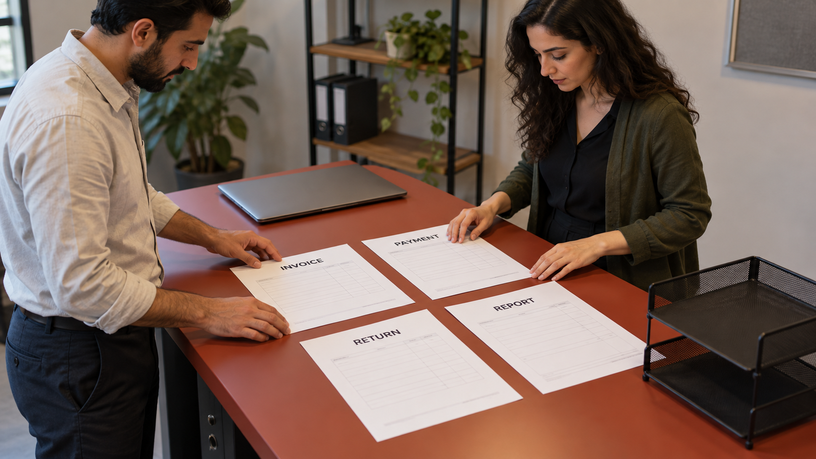 Generated scene organising invoice, payment, return and report requirements