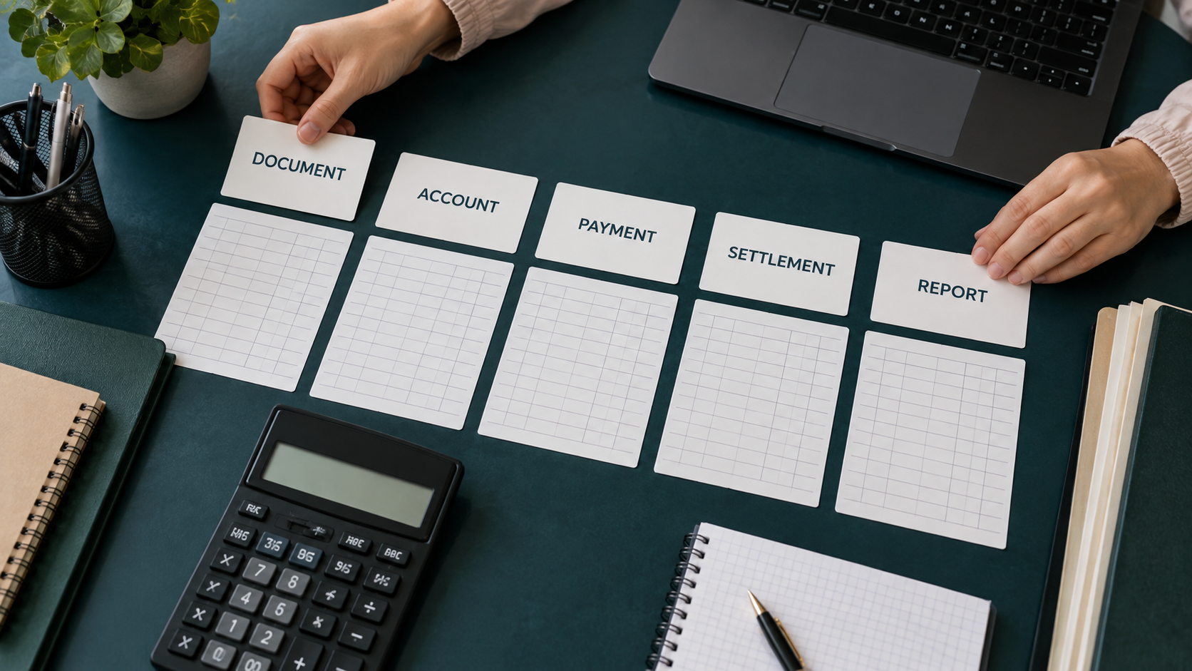 Generated scene separating document, account, payment, settlement and report worksheets