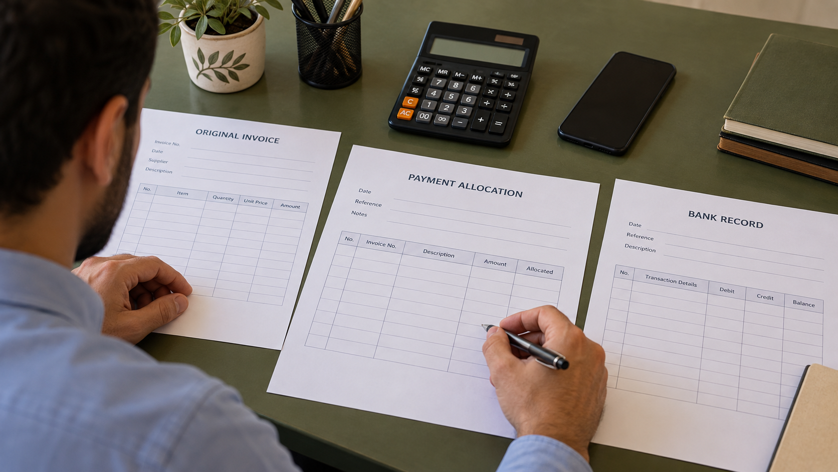 Generated scene reviewing payment allocation against invoice and account records