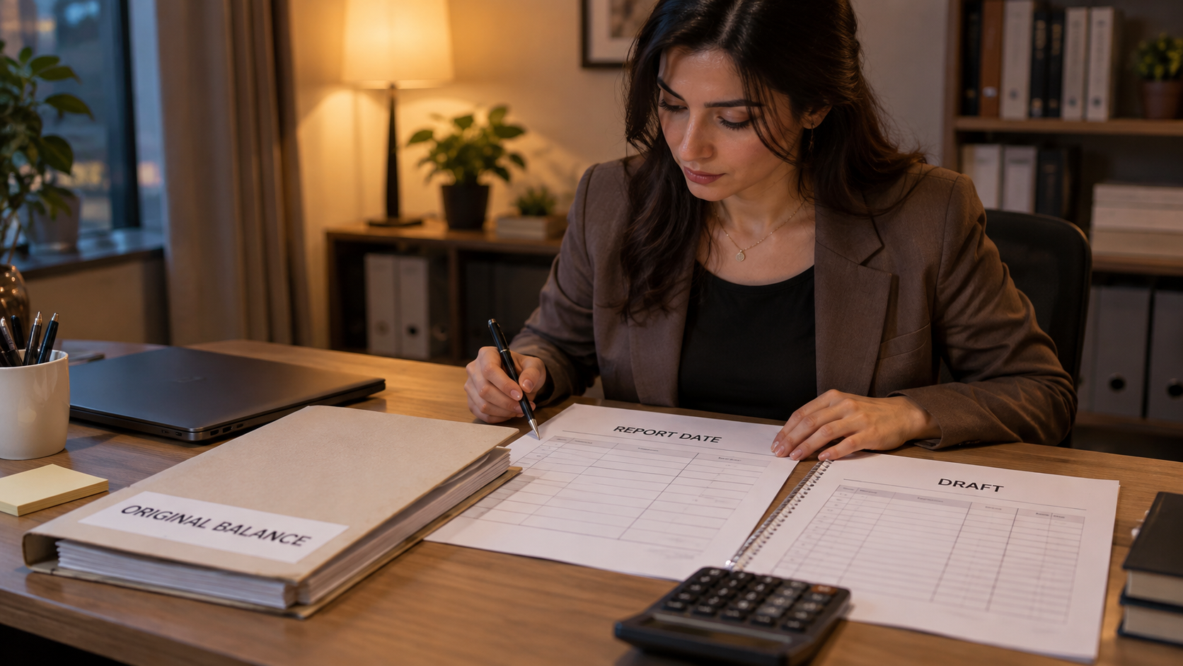 Generated scene reviewing a draft valuation while preserving the original balance record