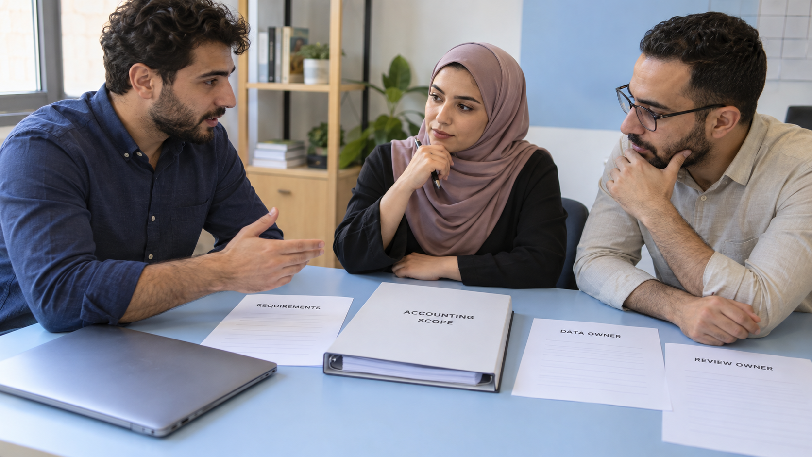 Generated scene of developer, merchant and accountant discussing an unsigned scope