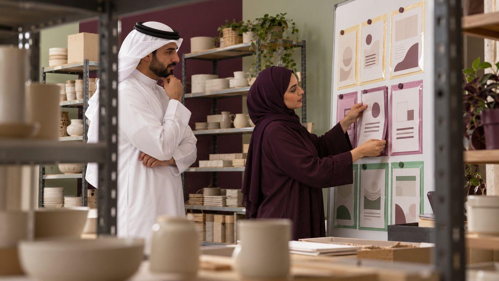 A Kuwaiti business owner and content editor sort page sleeves for an agreed content audit