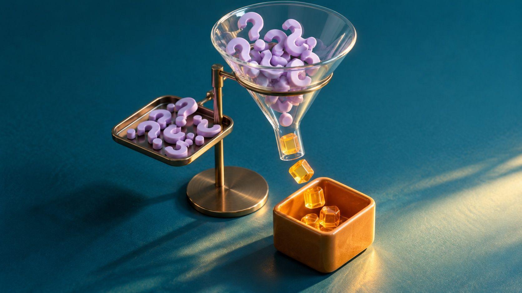 A glass funnel separates question tokens from a smaller set of qualified-opportunity blocks