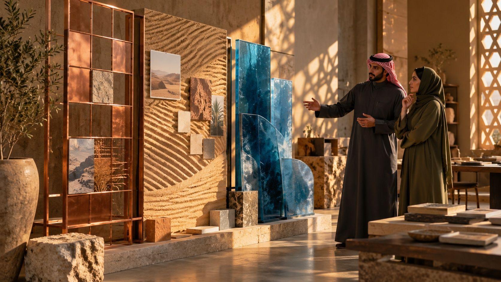 Generated scene of Saudi strategists considering three planning panels in a Dammam atelier