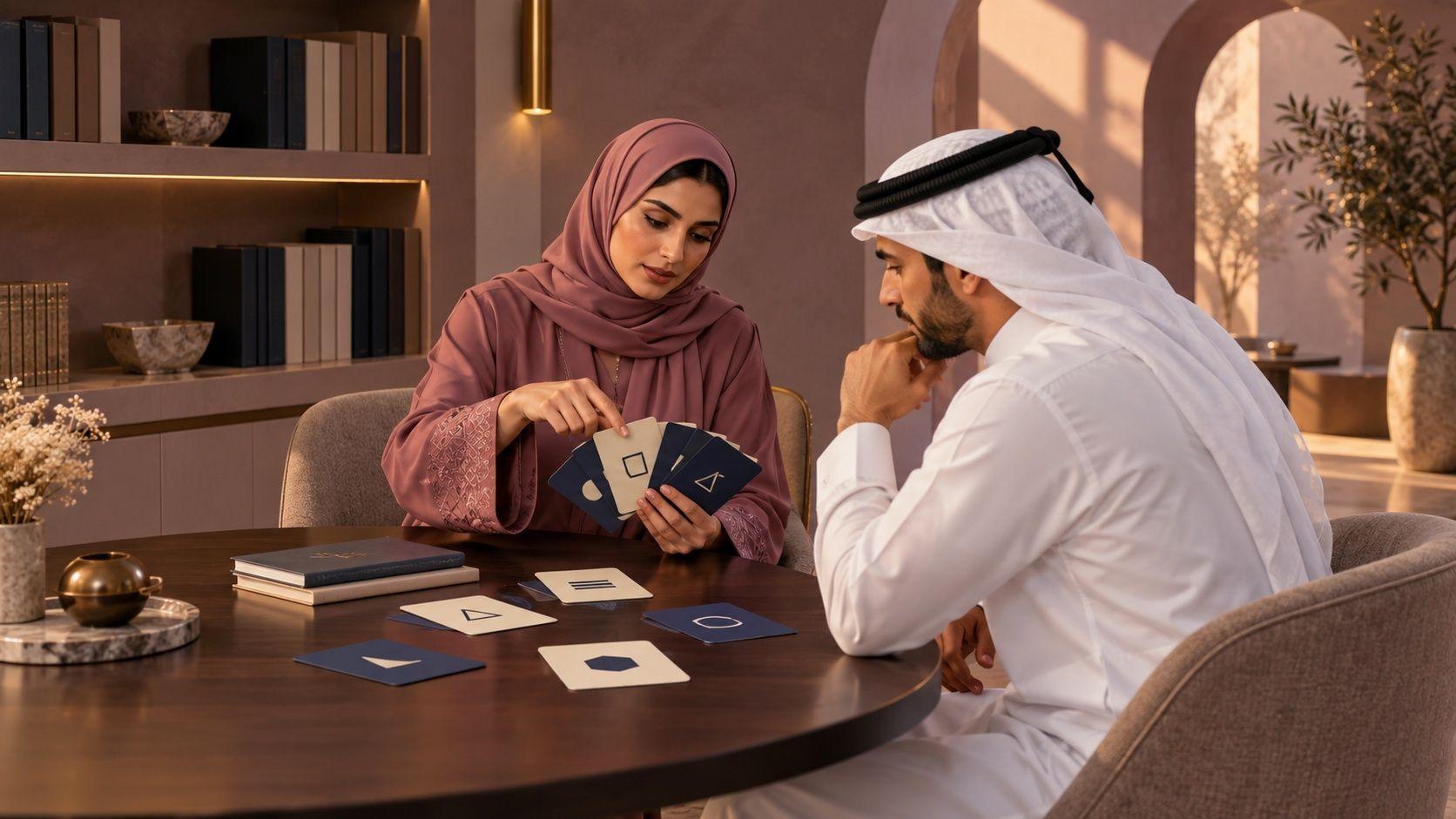 A Qatari office manager and client discuss question cards in a private Doha consultation space