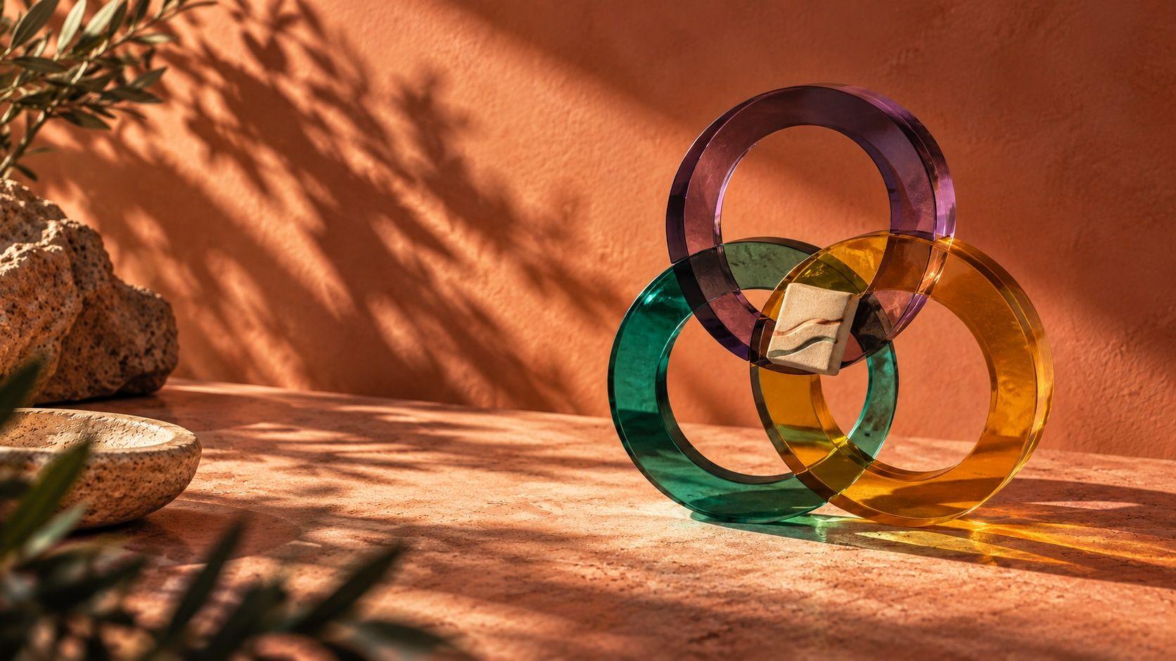 Three differently colored rings overlap around one content tile in a physical conceptual sculpture