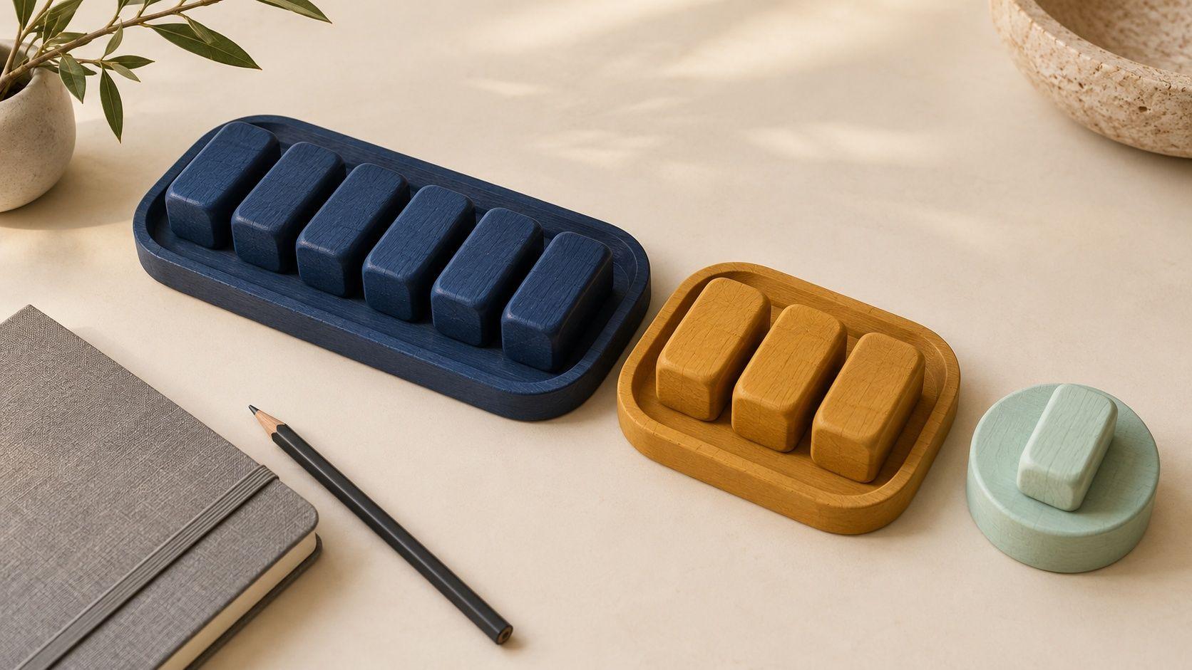 Ten wooden planning pieces form unequal groups of six, three and one without numeric labels