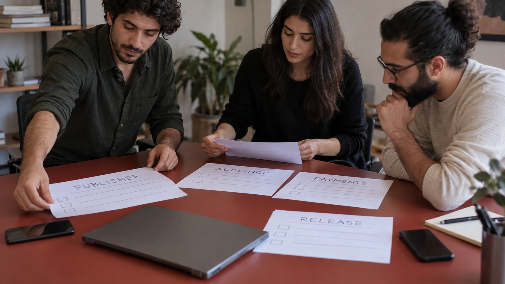 Fictional team separates publisher, audience, payments and release using blank planning sheets