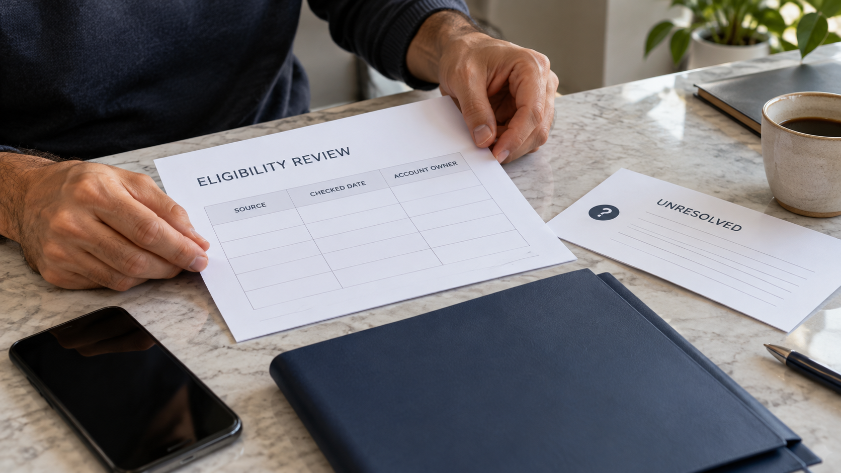 Fictional eligibility review with blank source, checked date and account owner fields