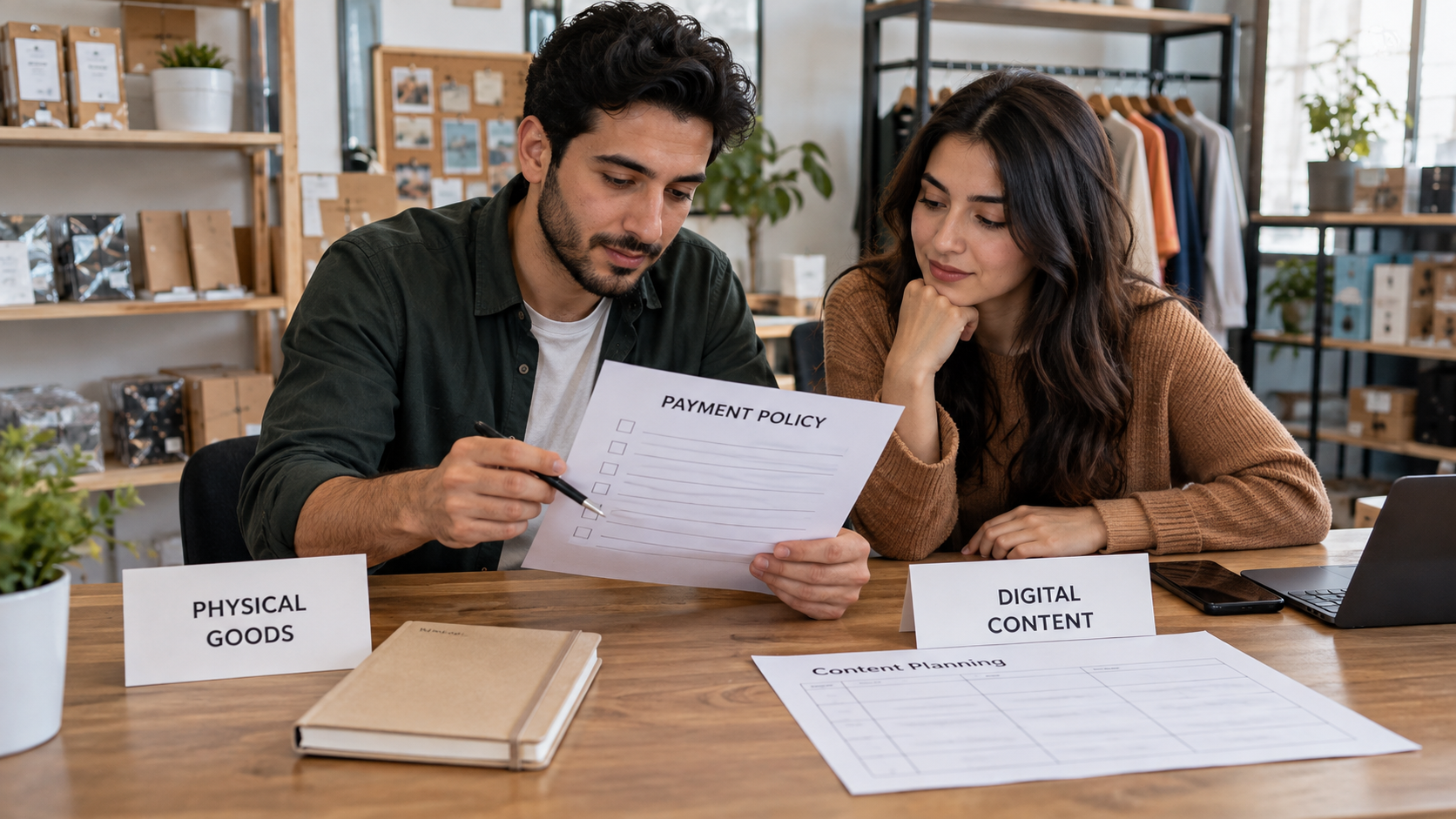 Fictional planning scene separates physical goods from digital content during payment-policy review