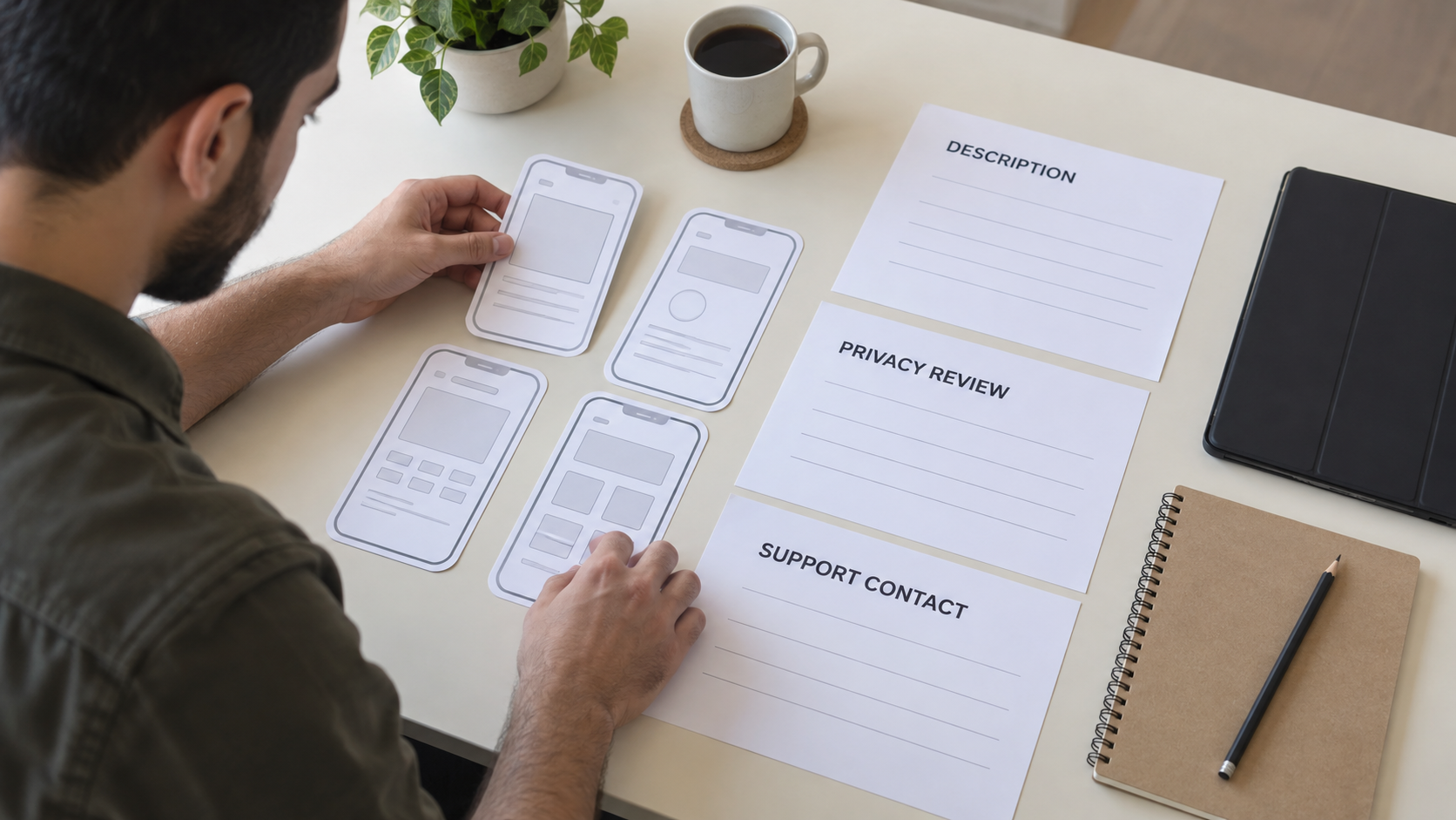Fictional designer prepares blank phone wireframes and description, privacy-review and support forms