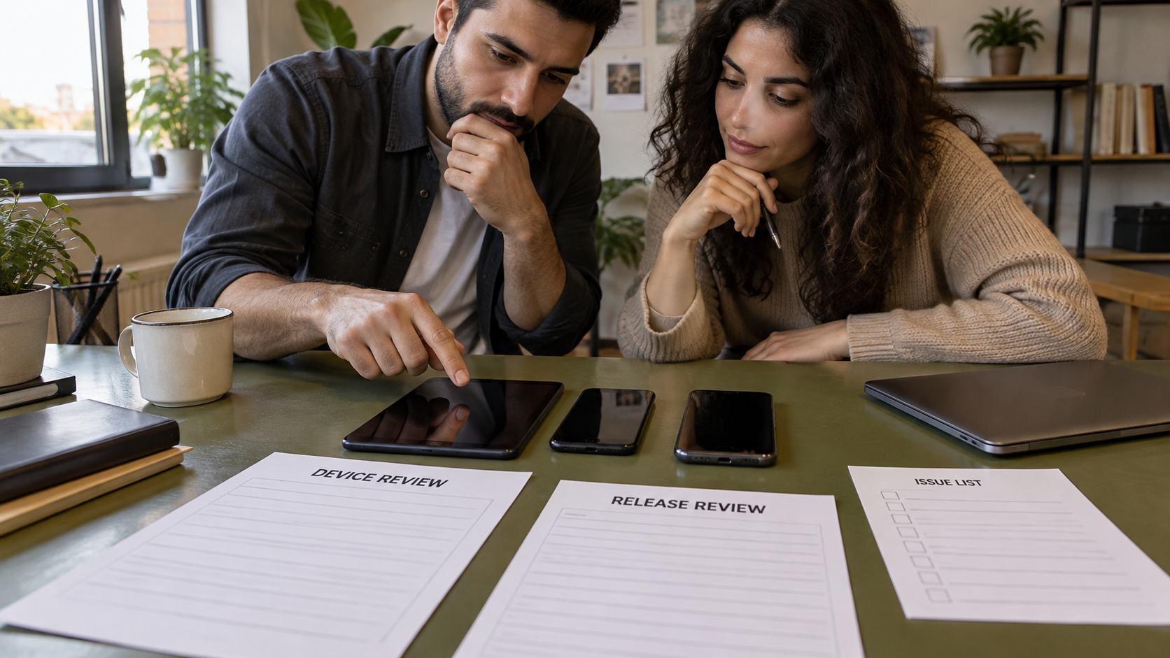 Fictional testers review devices and an unchecked release worksheet without fabricated success results