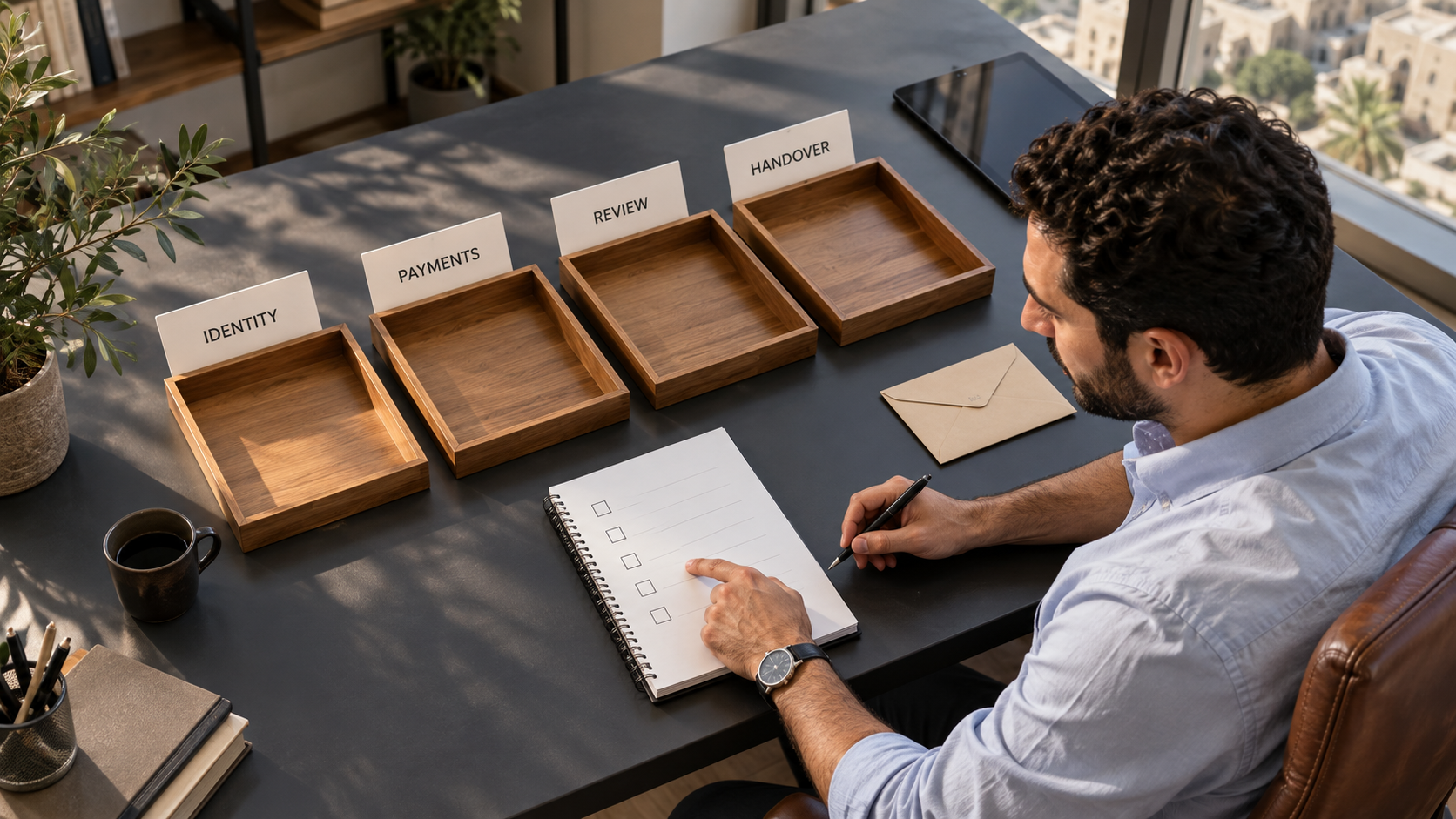 Fictional reviewer separates identity, payment policy, store review and handover using an unchecked list