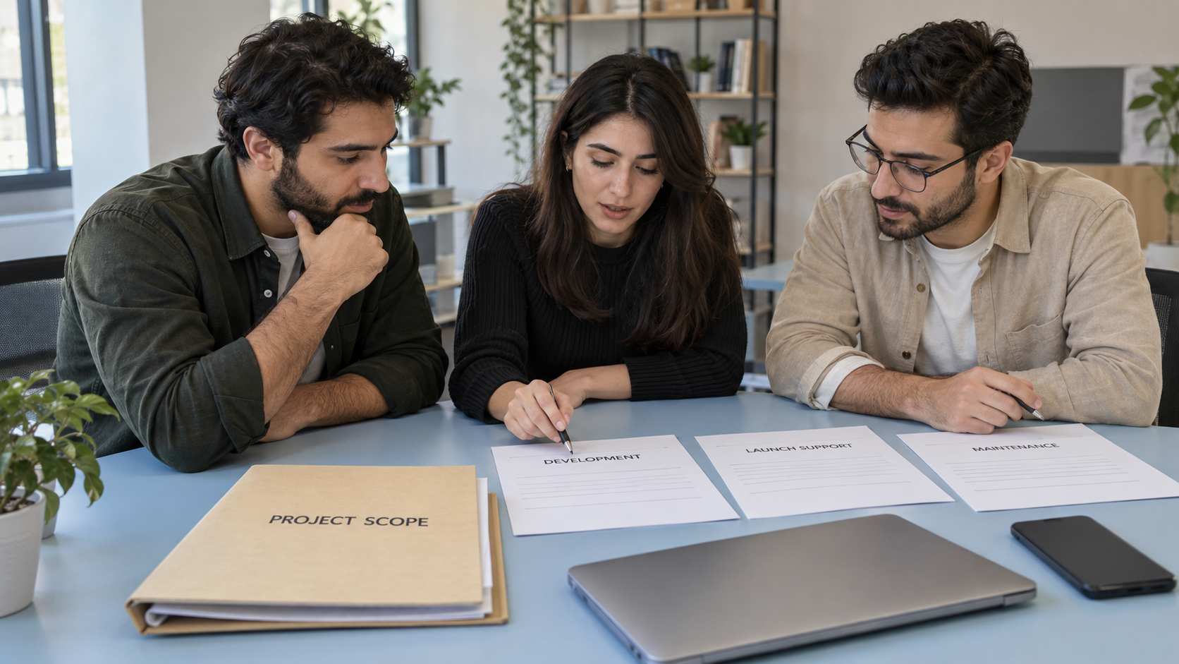 Fictional scope meeting separates development, launch support and maintenance without prices or signatures