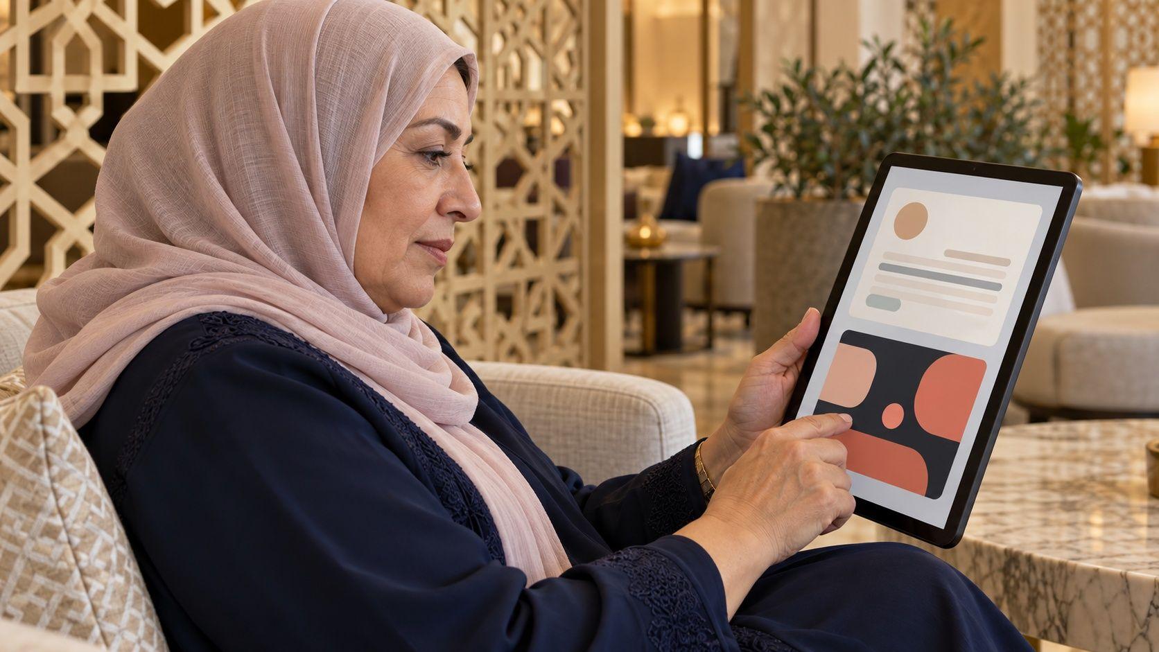 Generated Kuwaiti participant checking a conceptual tablet layout with contrasting visual treatments
