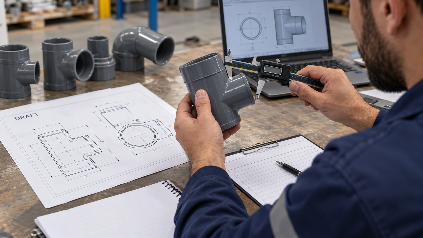 Inspecting an industrial sample beside a draft specification