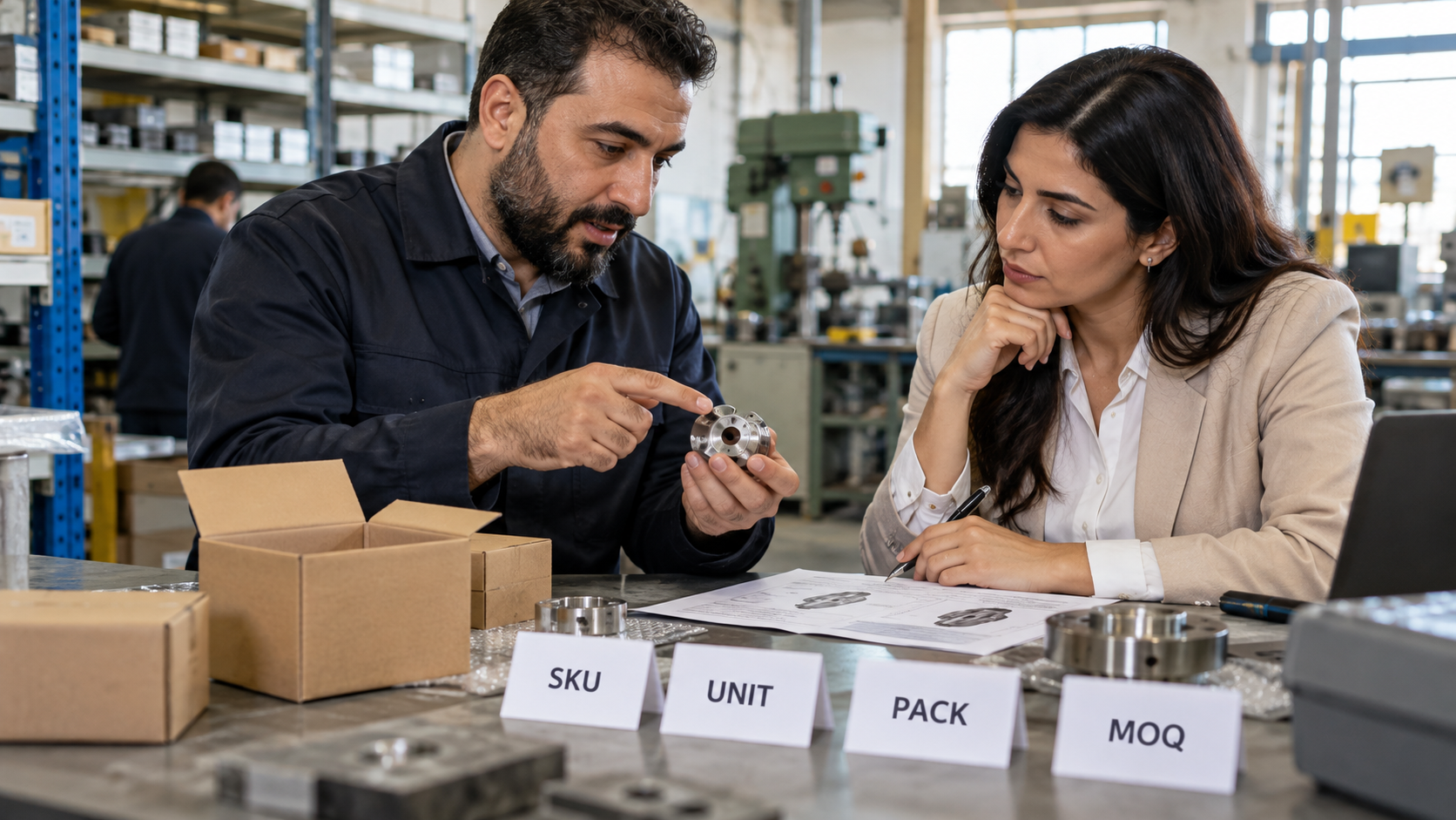 Discussing product code, unit, packing and MOQ beside samples