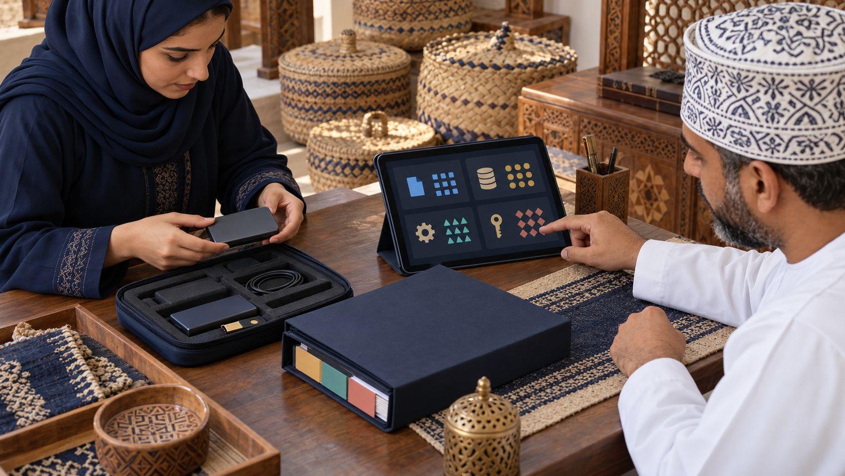 Generated Omani team in Muscat organizing backup media, a protected access token and configuration inventory