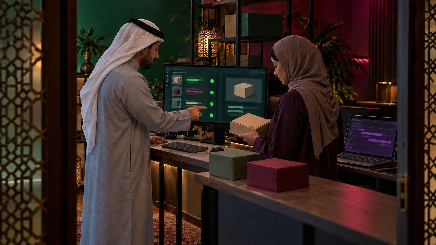 Generated Bahraini team checking a recovered fictional shipment against a sample parcel in an isolated rehearsal