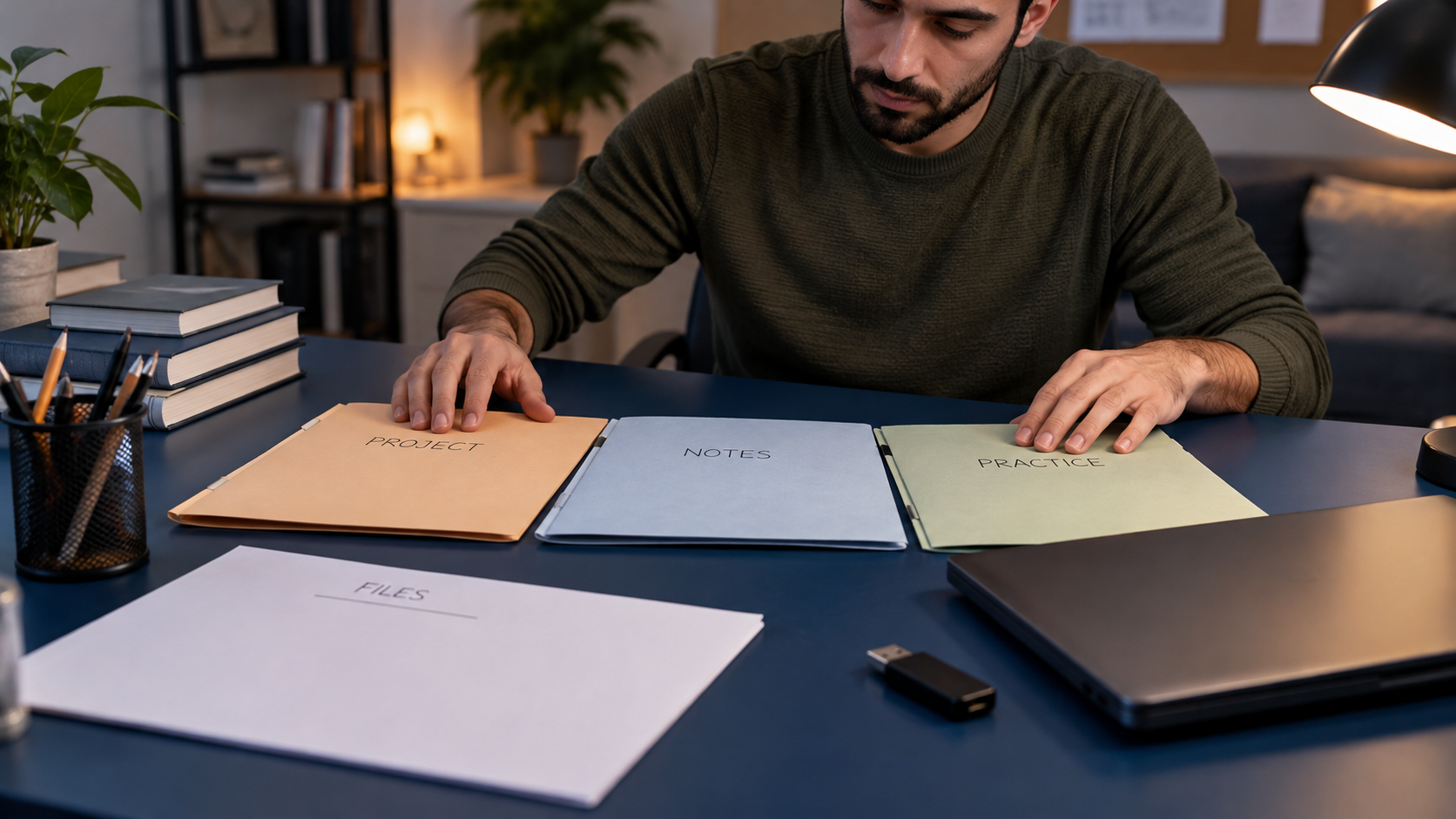Learner organizing project, notes and practice folders