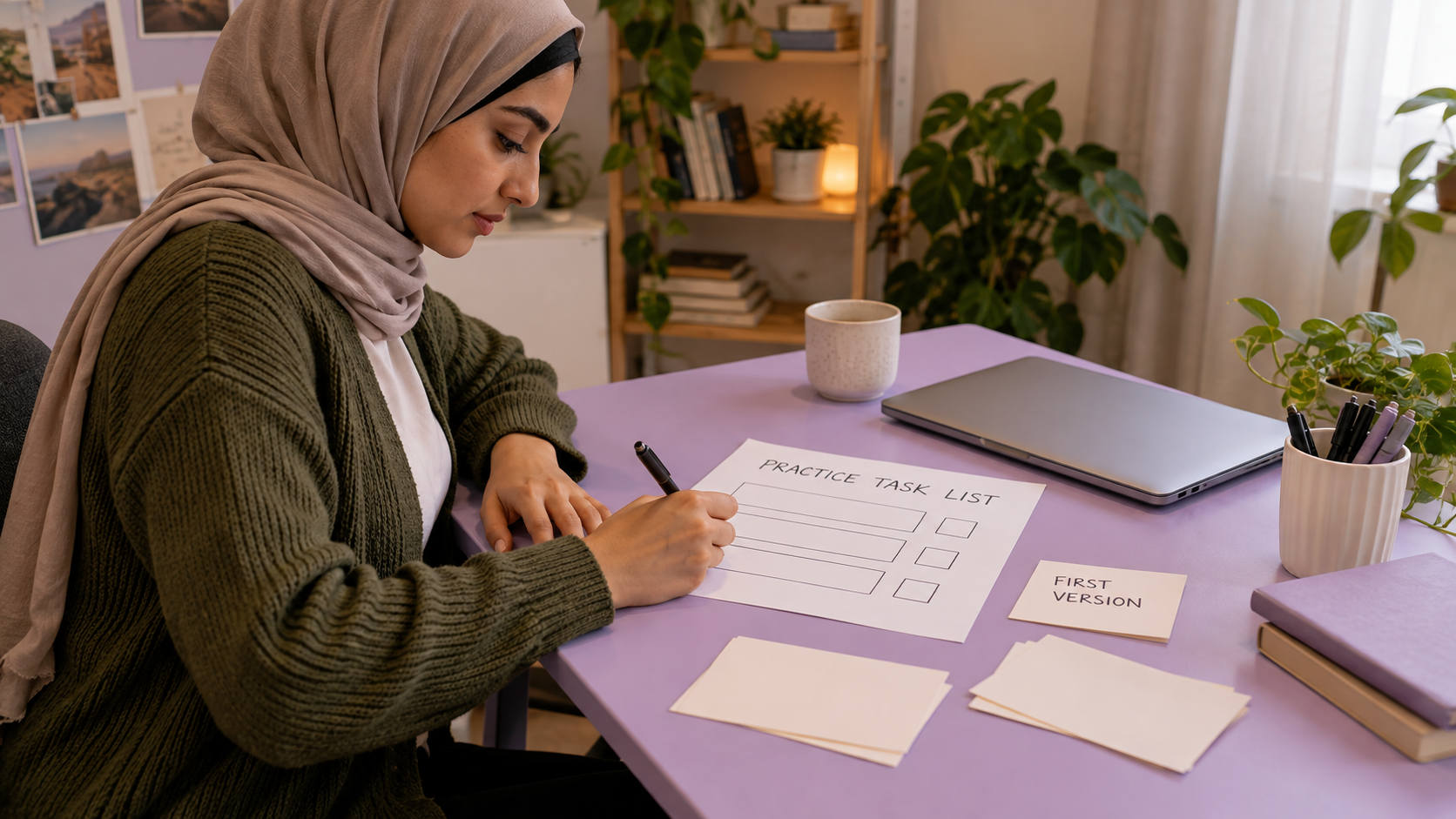Learner creating a paper mockup for a practice task list