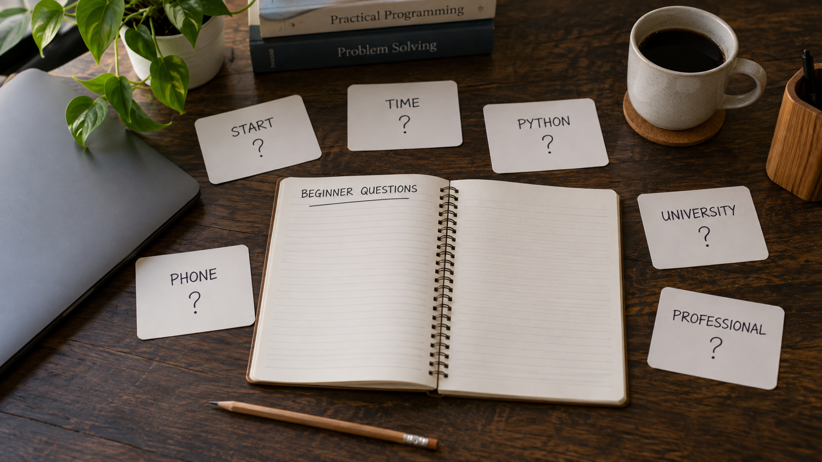 Physical beginner questions about starting, time, Python, phones, university and professional practice