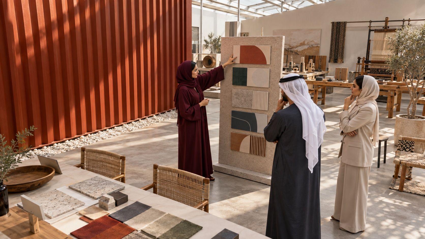 Generated scene of Emirati business leaders comparing proposal tiles in a Ras Al Khaimah workshop