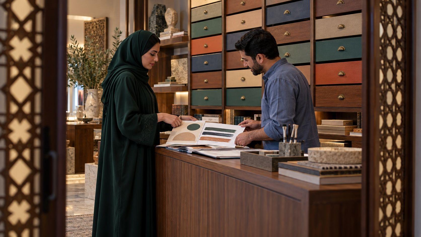 A Saudi director and editor review content samples in a Jeddah archive alcove