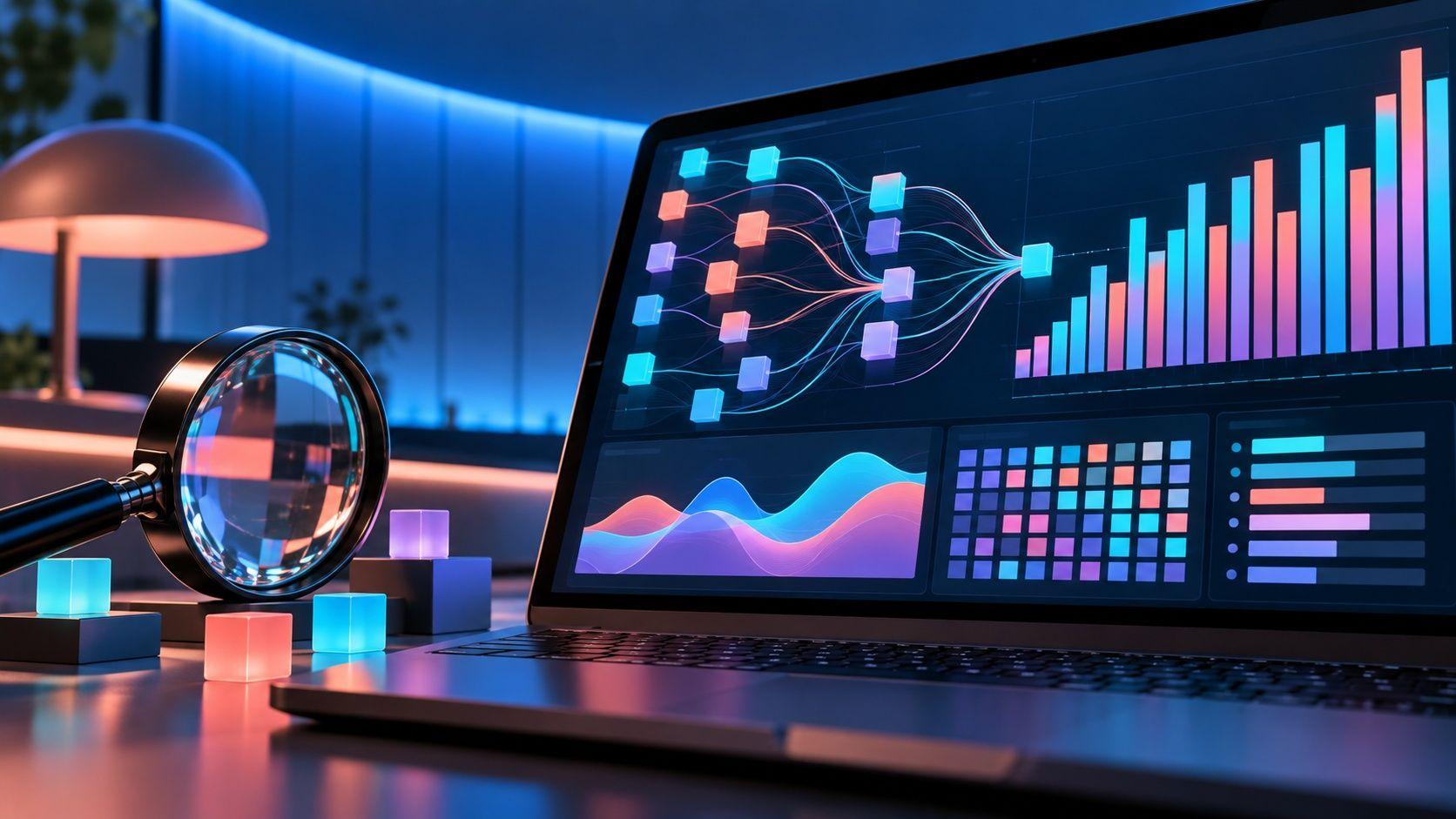 An invented analytics display illustrates visibility-tracking software without representing a real product interface