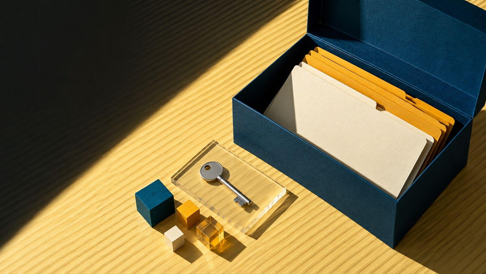 An archival box, content folders and a plain access key illustrate retained deliverables at handover