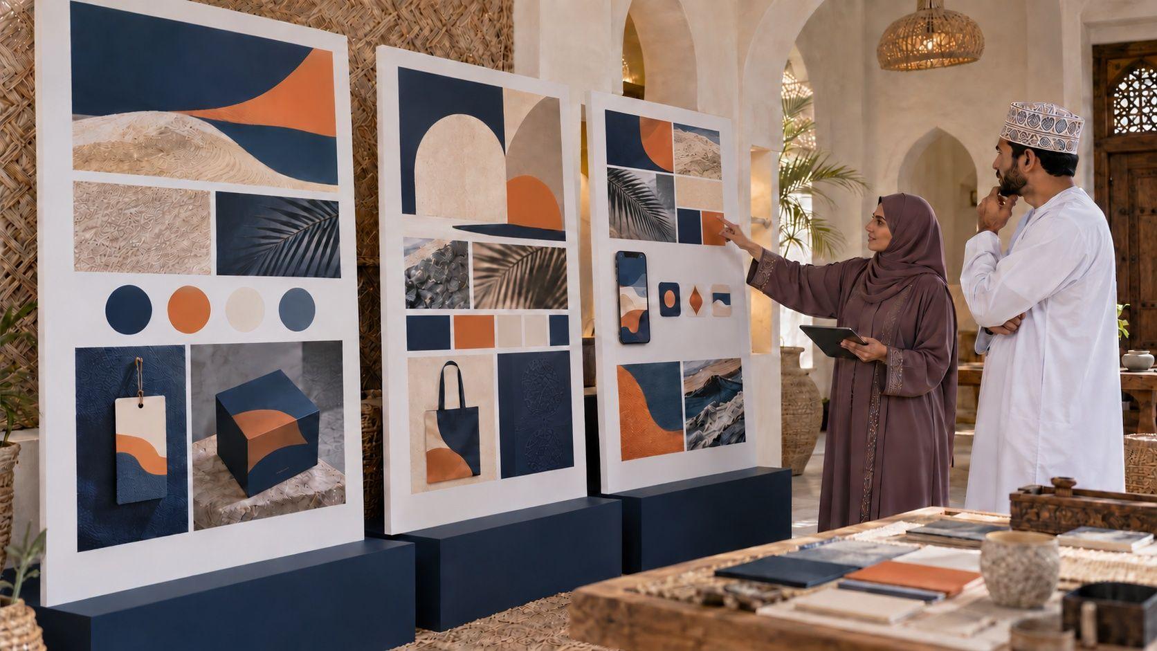Generated Sohar business owner and designer reviewing original visual-identity application boards in an Omani setting
