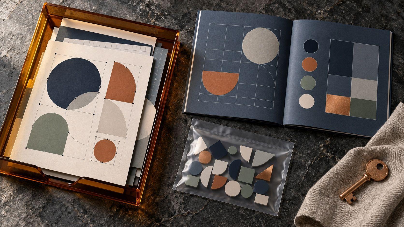 Generated conceptual still-life separating editable design sources, guideline material and dependent assets
