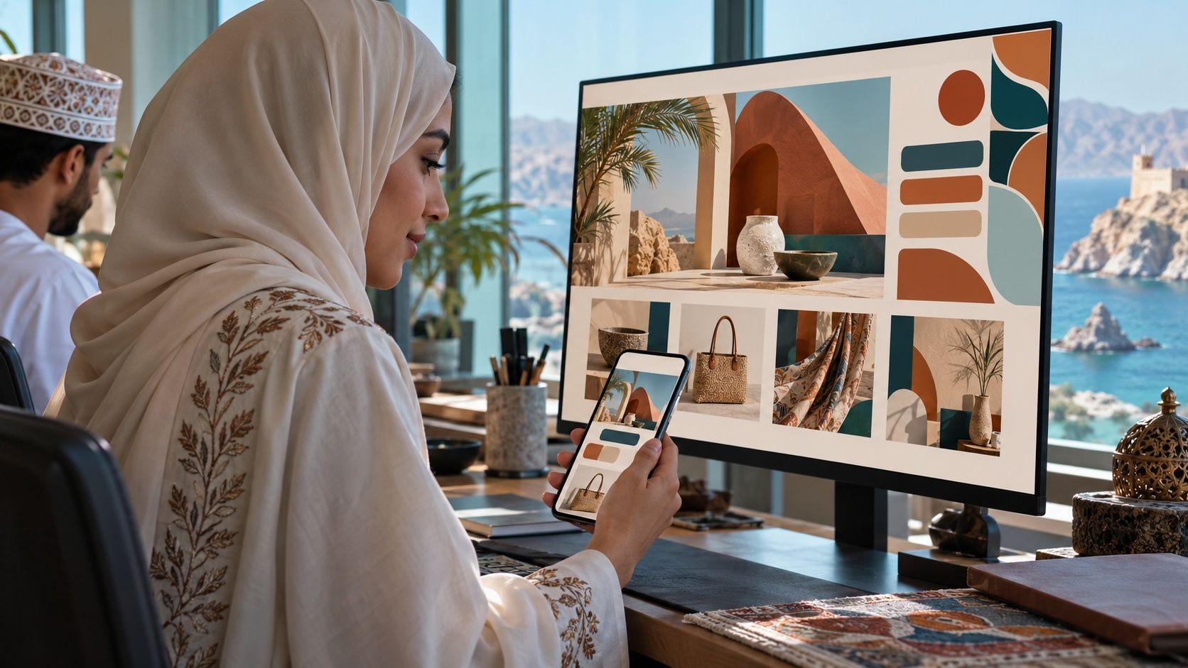 Generated Muscat designer reviewing consistent identity on a generic desktop and mobile interface