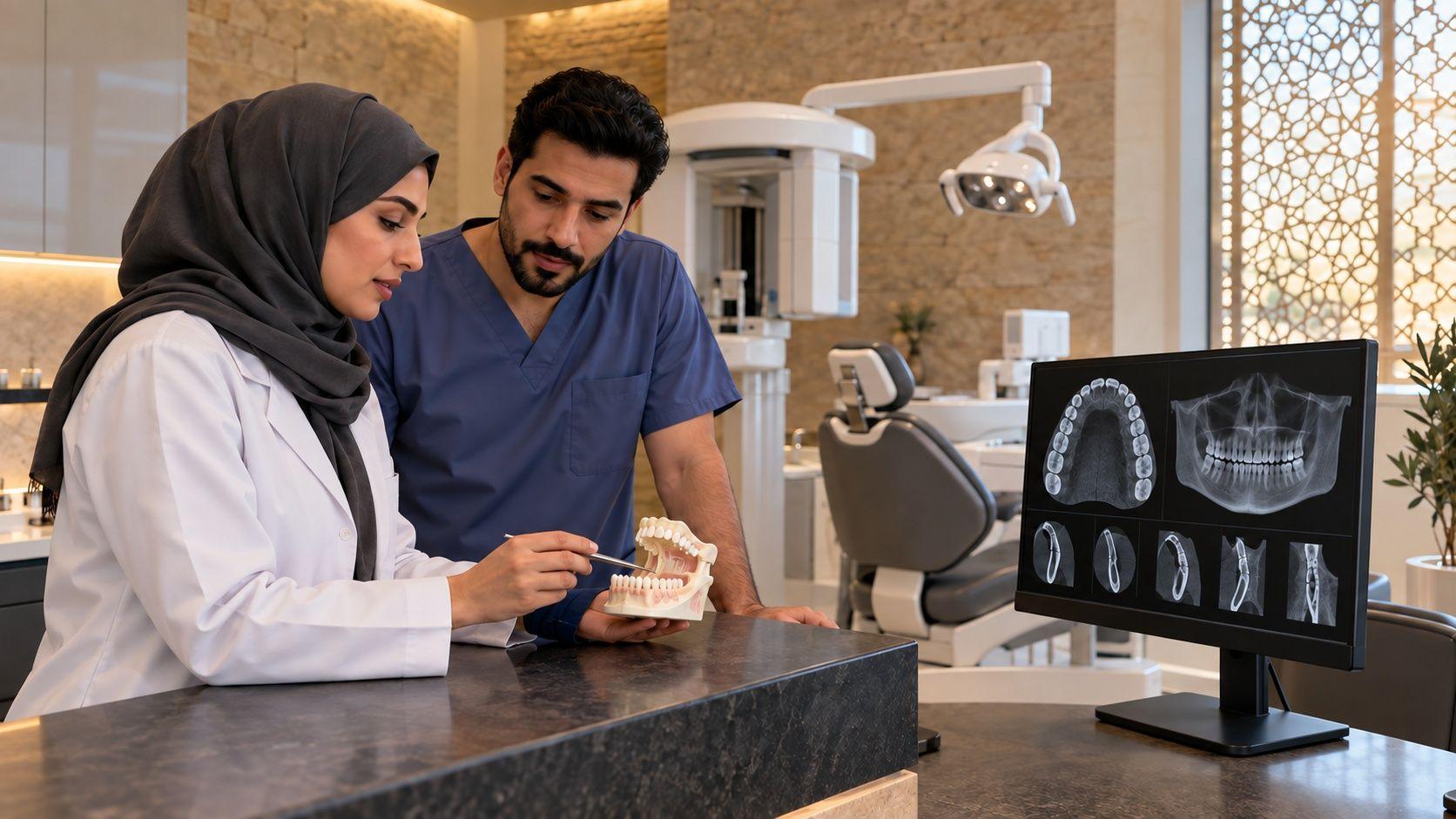 Generated dental professionals reviewing a jaw model and illustrative imaging display in Jeddah